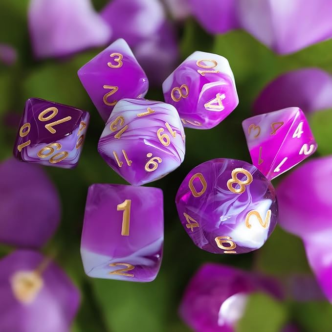 DND Dice Set, 7 Pcs Dice for Dungeon and Dragons D&D RPG Role Playing Games Dice Set with D20 D12 D10 D% D8 D6 D4(Purple Mixed White)