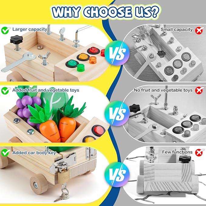 Busy Board with LED Light Montessori Toys Cars Screwdriver Board Set for Toddlers Ages 3 4 5 6 Wooden Busy Trucks Kids Tool Set Sensory Learning Toy STEM Fine Motor Skills Toys for Boys Girls Gift