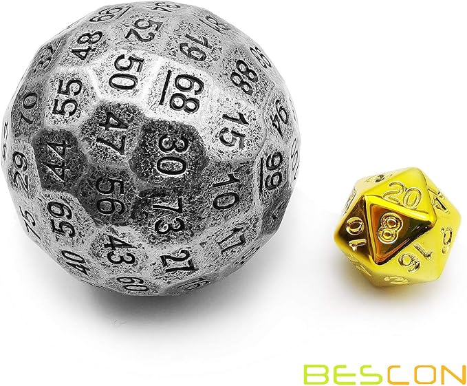 Bescon Solid Metal 100 Sided Dice, Game Dice D100, Giant Polyhedral Metal 100 Sides Dice 50MM in Diameter (1.97in), Ancient Silver