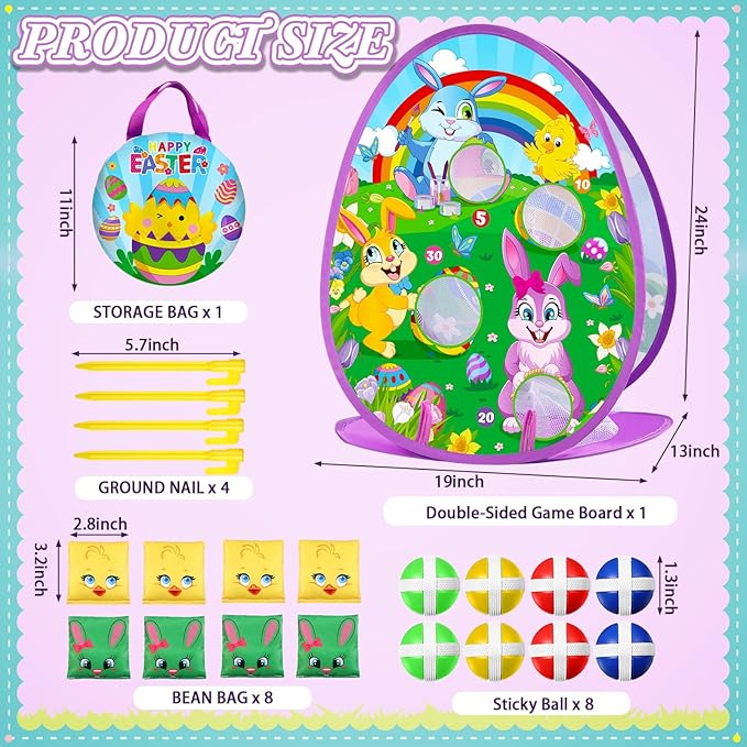 Blosssound 2 in 1 Easter Games for Kids Bunny Cornhole Board and Dart Board with 8 Sticky Balls 8 Bean Bags 4 Stakes Easter Bean Bag Toss Game for Toddlers Kids Family Outdoor Indoor Activities