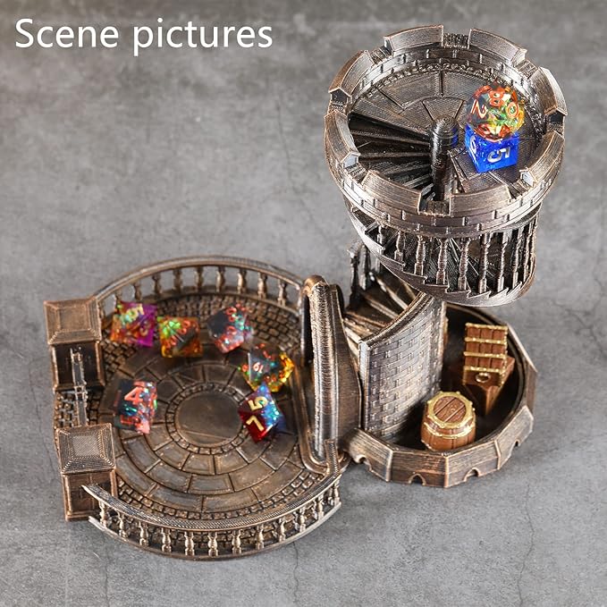 AUSPDICE Dice Rolling Tower and Tray Retro Castle Mold Color for Tabletop Games, D&D and RPG Games (Bronze Color)