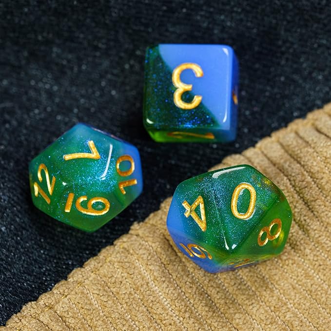 UDIXI 7PCS Glitter Polyhedral Dice Set D&D, Resin DND Dice for Dungeons and Dragons,Other Table Games （Blue and Green）