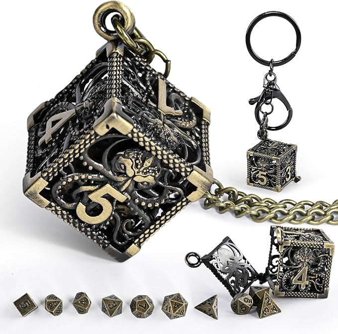 Mini DND Dice Set with 3D Octopus Shell and Necklace, 3PCS Polyhedral Metal Dice Set Perfect for MTG, RPG, Board Games Accessory (ZY02-Bronze)