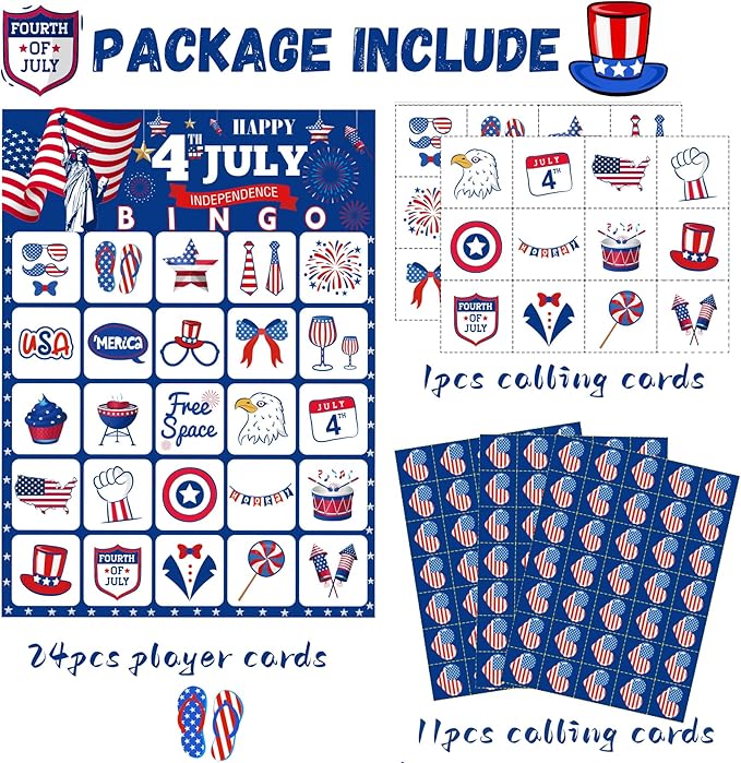 4th of July Games for Kids 4th of July Bingo Cards Red White and Blue Bingo with 24 PCS 4th of July Players Cards Patriotic Games for Adults Children Activities Supplies Favors Decorations