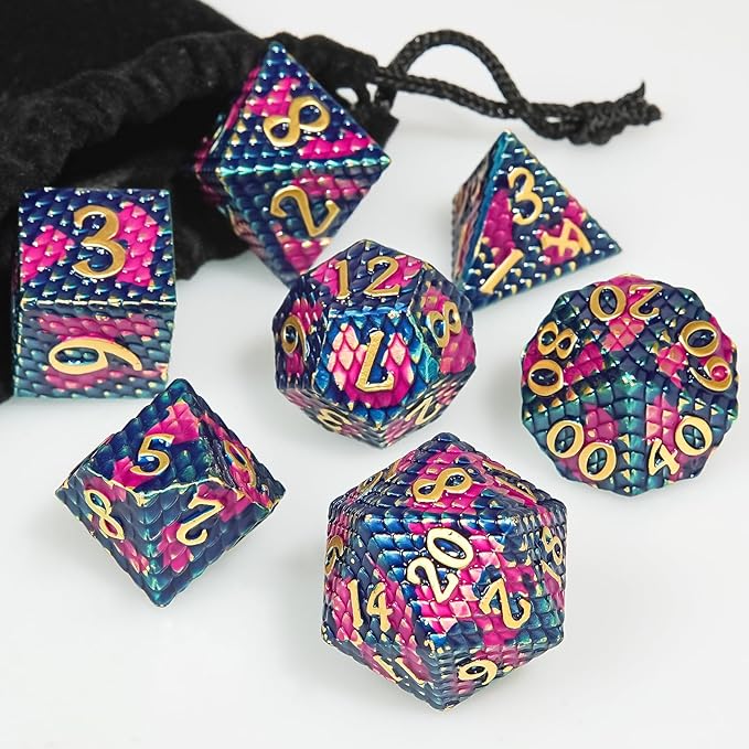 Metal DND Dice Set,Colorful Dragon Scales DND Dice 7-pcs Metal Polyhedral Dice Set for Dungeons and Dragons RPG MTG Table Games
