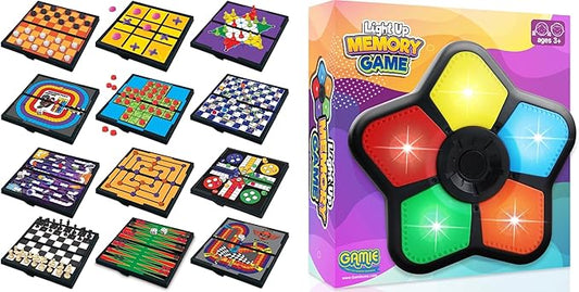 Gamie Travel Kit - Includes 12 Different Games & 1 Light up Memory Game, Perfect for Travel! Car Games Air Travel, Or at Home!