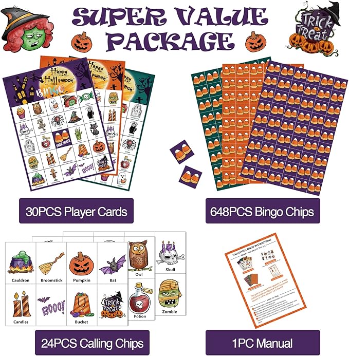VESPRO 46PCS Halloween Bingo Game Cards for 30 Players Halloween Party Games for Kids Party Classroom Activities