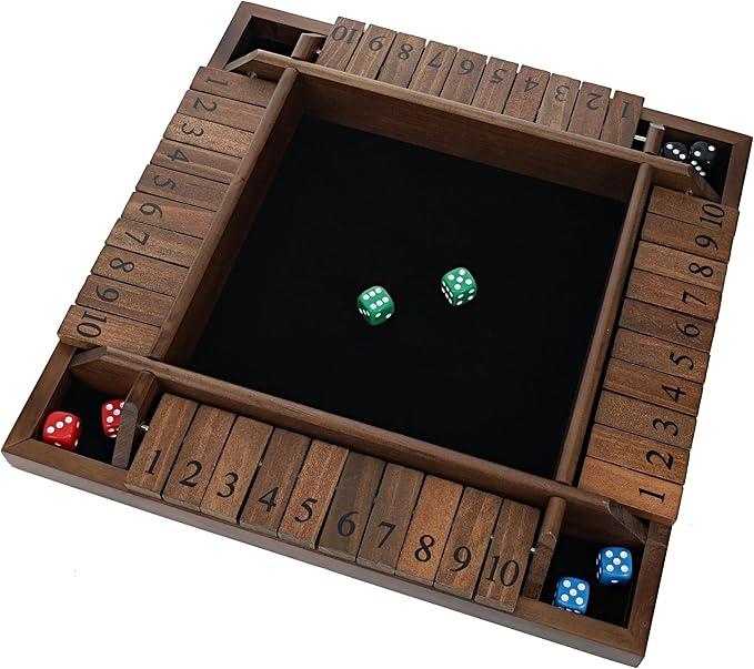 WE Games Shut The Box Wooden Board Game - Classic 4 Player Table Top Math Dice Game, Walnut Stained Wood, 8.5 inch Travel Size, 10 Numbers, for Families and Adults