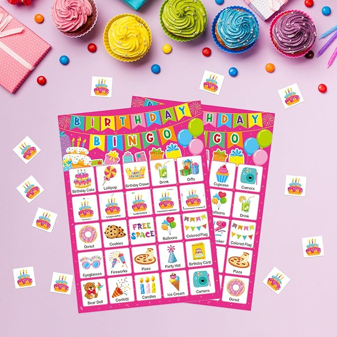 Birthday Bingo Game Cards for Kids Girls Adults - 24 Players Birthday Party Bingo Games for School Classroom Family Kids Birthday Party Activities Supplies