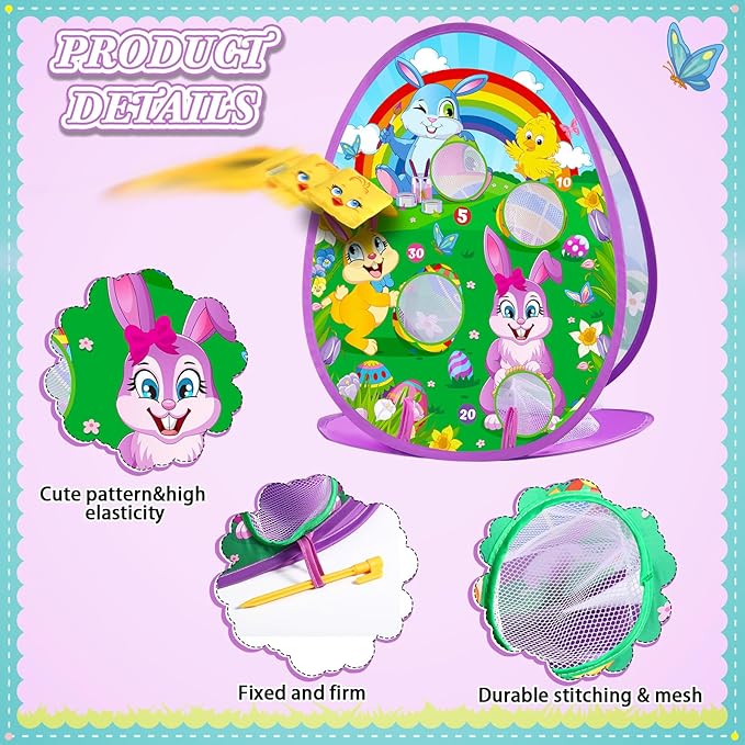 Blosssound 2 in 1 Easter Games for Kids Bunny Cornhole Board and Dart Board with 8 Sticky Balls 8 Bean Bags 4 Stakes Easter Bean Bag Toss Game for Toddlers Kids Family Outdoor Indoor Activities