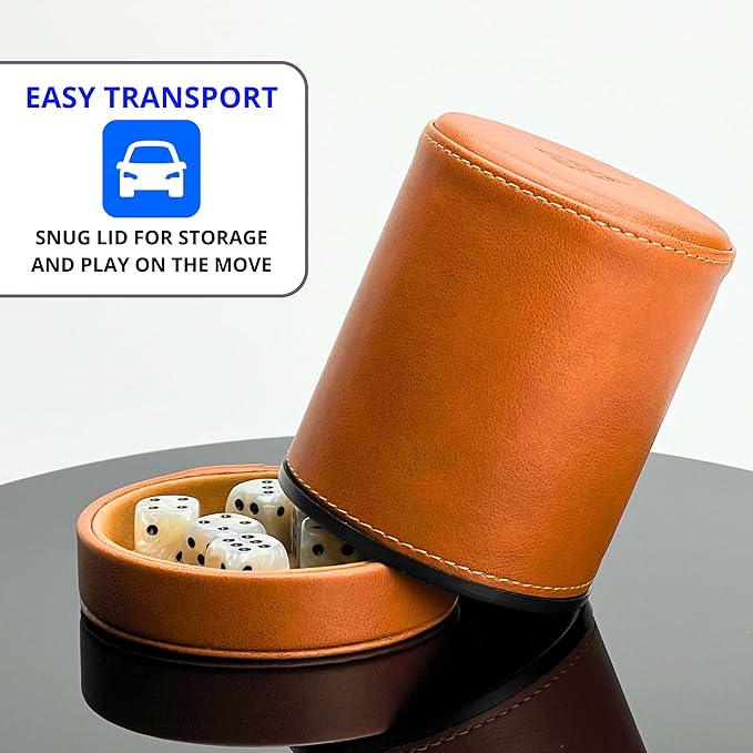 Luck Lab Brown Leather Dice Cup with Lid Including 6 Matching Pearl Dice - Tan Velvet Interior for Quiet Shaking - Use for Liars Dice Farkle Yahtzee Board Games
