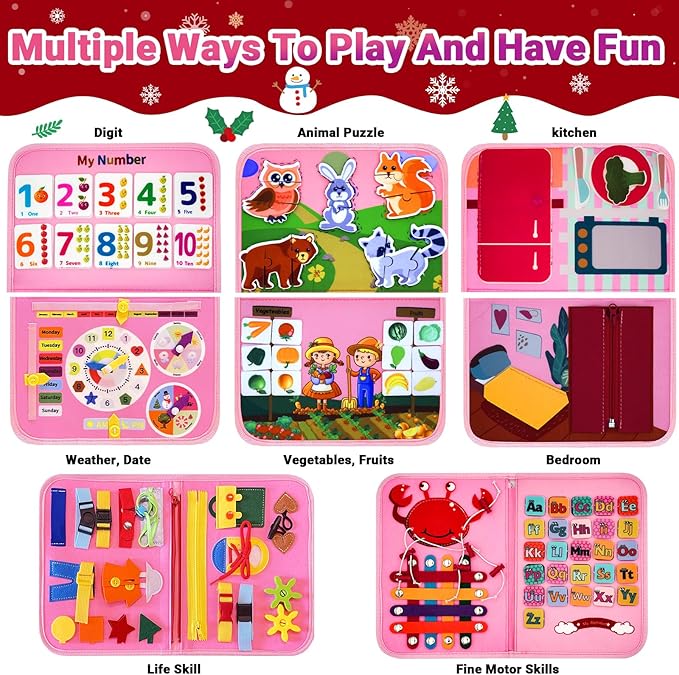 Montessori Busy Board, Baby Busy Book Educational Learning Toys for Toddlers Quiet Book Activity Books Buckle Toy Fine Motor Skills Toys for 1 2 3 4 5 Year Old Kids (Pink)