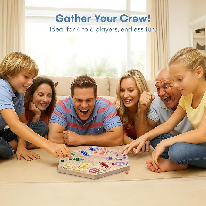 Flybold Wooden Marble Board Game Set for Adults and Kids - 6-Player Classic Strategy Game with Dice and Storage Bag - Durable Wooden Game Board for Family Fun, Indoor Parties, Picnics and BBQ Events