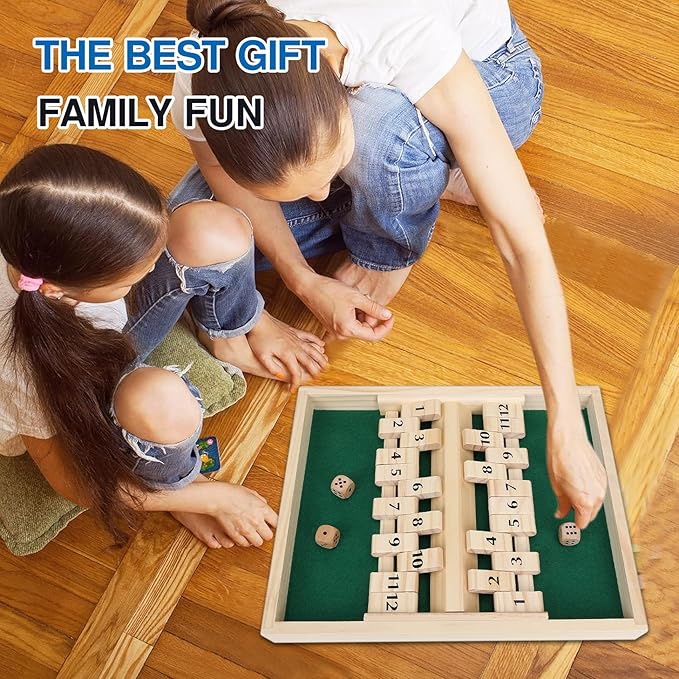 GOTHINK Wooden Shut The Box - Fun Table Math Game with Wooden Board for Adults & Kids - 12 Spots Dice Game with 4 Dices for 2+ Player Games, Popular Pub Board Game, Ideal for Game Night, Travel