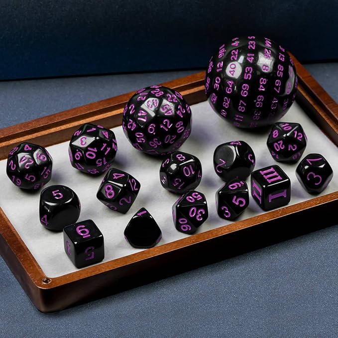15 Pieces Complete Polyhedral DND Dice Set D3-D100 Spherical D&D Dice Set with Dragon Eye Dice Bag, D100 Dice for Dungeons and Dragons, RPG, MTG Table Games(Black w/Purple Numbers)