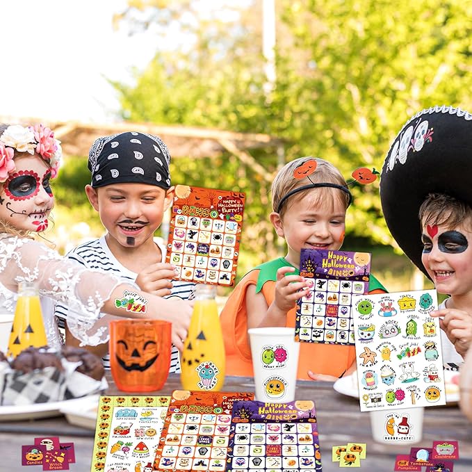 Halloween Bingo Cards, 24 Players Halloween Bingo Game for Kids Adults with Punny Stickers Cute Party Game for Family Classroom Large Group