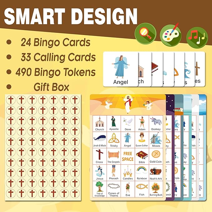 Bible Bingo Game for Kids Adults 24 Players 6 Designs Christian Bible Bingo Card Religious Game Activities for Vacation Bible School Christian Sunday Church Easter Gift Family Open Day Supplies Box