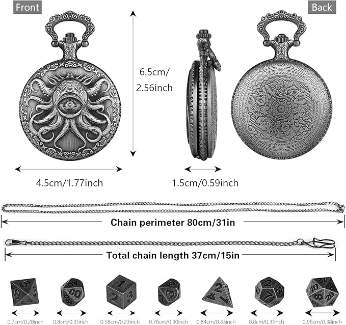 Mini DND Dice Set Steampunk One-Eye Octopus Pocket Watch Case, 7-Piece Polyhedral Metal D&D Dice Set, DND Gifts with Gift Box, Role Playing Board Game Accessories Dice, Dark Silver