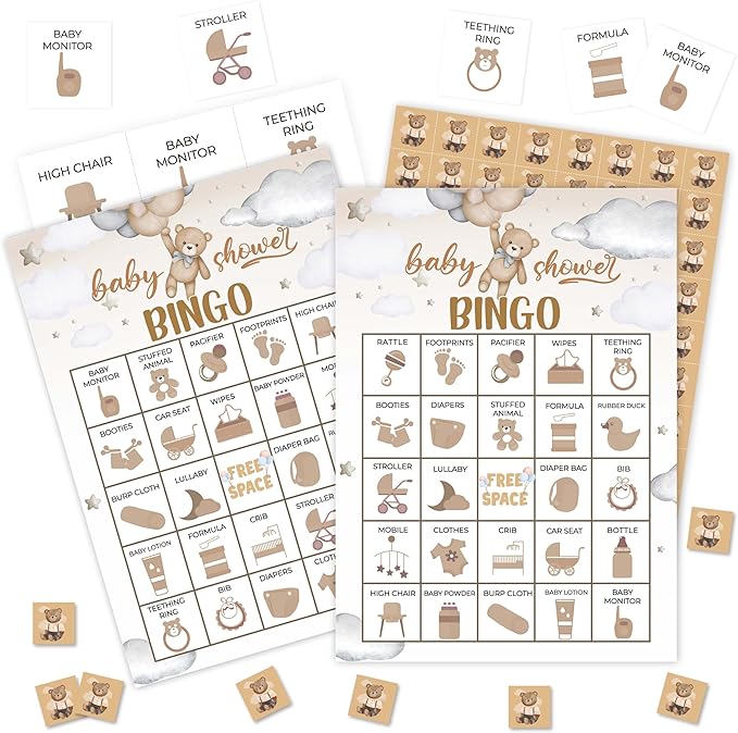 Baby Shower Games Bingo Cards, Bear Theme Bingo Game, Shower Game for Family Friends Large Multiplayer Group Activities, Bear Party Birthday Favors Gifts -14