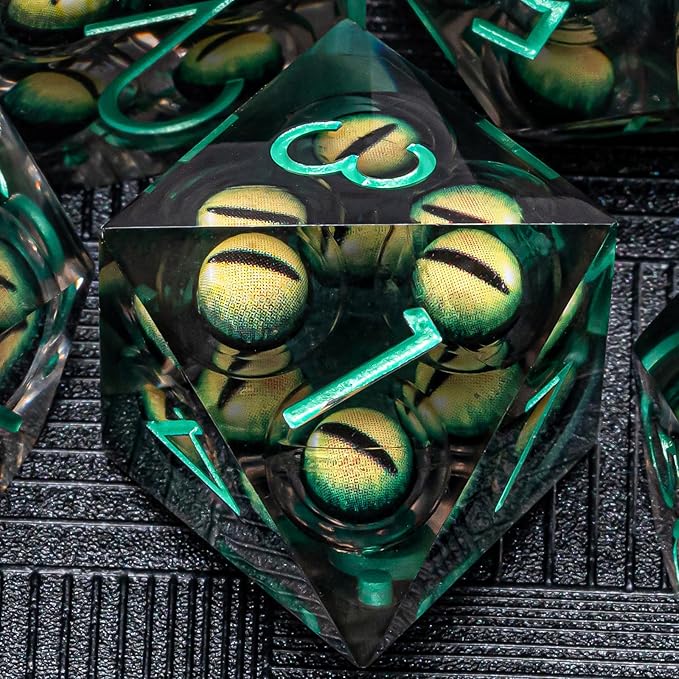 DND Resin Dice Mix Eyeball Dice Set 22-32mm Large Sharp Edged Dice Set with Box, Dungeons and Dragons Polyhedral D&D Role Playing Board Game D&D Dice Set D20 D12 D10 D8 D6 D4 (Green Eyes+Green Ink)