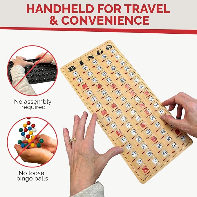 MR CHIPS Jam-Proof Finger Tip Master Bingo Card with Sliding Windows Large Cardboard Calling Cards Woodgrain Style