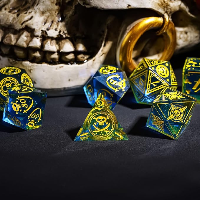 Cusdie 7-Piece Sharp Edges DND Dice Set with Pirate Design - Perfect for Tabletop RPGs Board Games Gifting and Collecting(Blue w/Yellow Pirate Pattern)