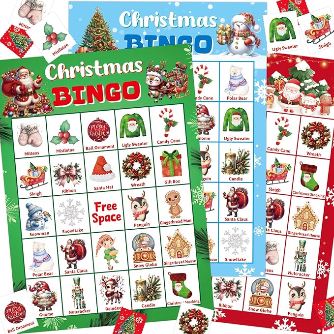 Merry Christmas Bingo Game for Kids Adults Large Group 24 Players Xmas Winter Holiday Bingo Family Activities Party Games Party Favors Party Supplies