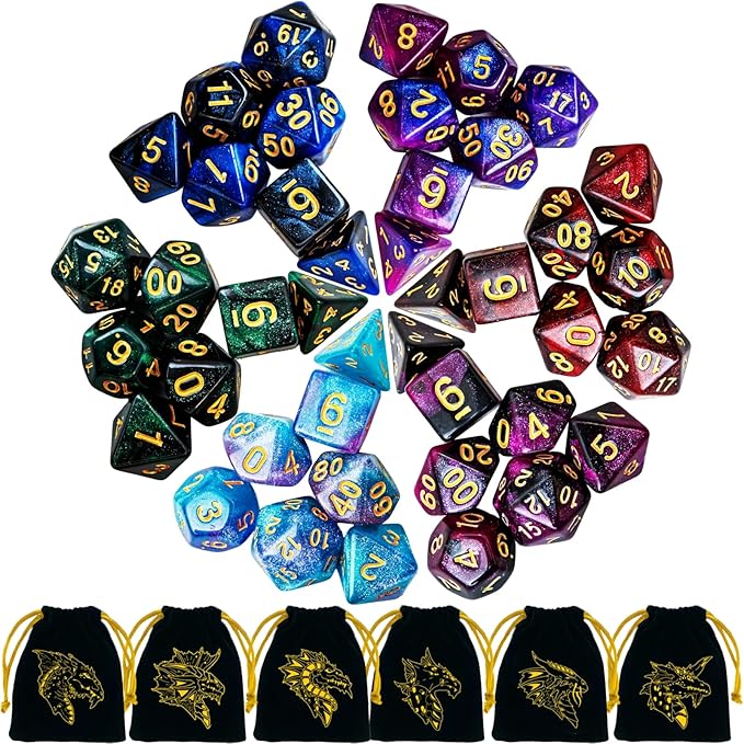 DND Dice Set 42 Pcs Polyhedral Dungeons and Dragons Rolling Dice for D&D RPG MTG Table Games Dice Bulk with Colorful Drawstring Bags and Dice Tray (Star)