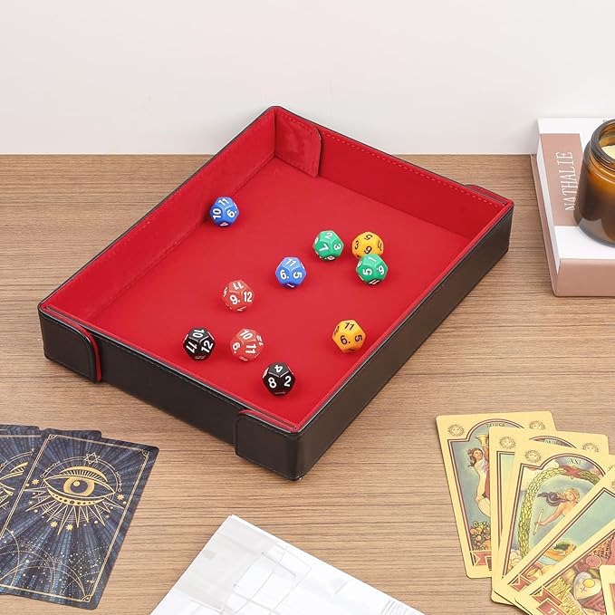 PU Leather Dice Tray Magnetic Folding Dice Rolling Mat with Red Felt Lining for Dice Games Portable Tabletop Board Games Tray