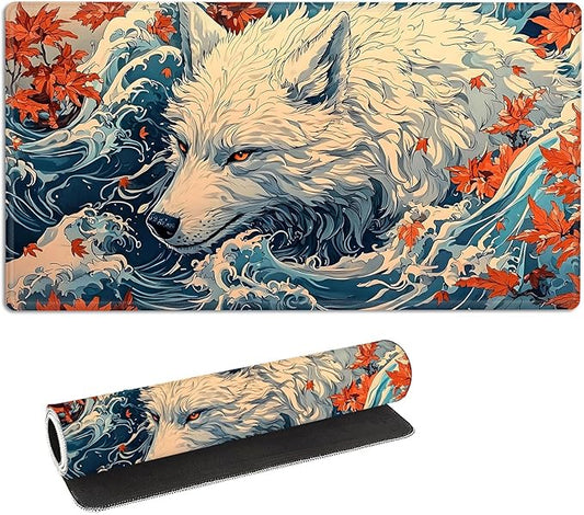 for MTG Playmat with Storage Bags, Card Playmat for TCG Card Playing Game,Rollable & Foldable for PTCG and Board Game Mat for Cards,Non-Slip Wolf Maple Leaf Desk Mat for Home Office