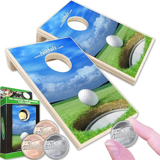 Desktop Coin Bouncing Party Set | Tabletop Cornhole Board | Small Travel Game Includes Coins