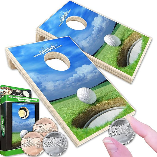 Desktop Coin Bouncing Party Set | Tabletop Cornhole Board | Small Travel Game Includes Coins