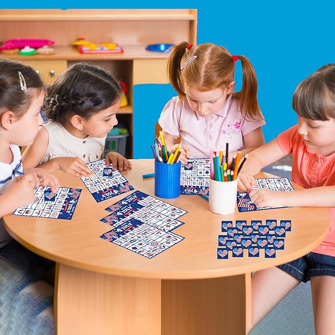 4th of July Games for Kids 4th of July Bingo Cards Red White and Blue Bingo with 24 PCS 4th of July Players Cards Patriotic Games for Adults Children Activities Supplies Favors Decorations