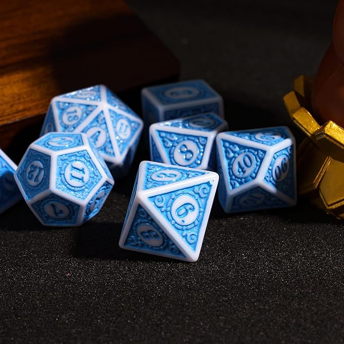 7PCs DND Dice Set, Unique Window Lattice Pattern D&D Dice Set with Leather Die Bag, Polyhedral Die for Dungeons and Dragons, RPG Table Games (Blue/White)
