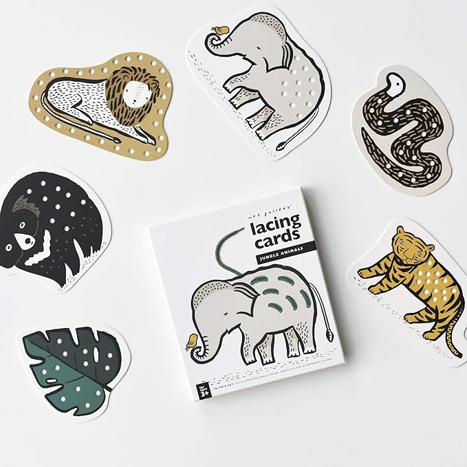 Wee Gallery Jungle Animals Lacing Cards for Toddlers, Sewing Board, Preschool Toys, Montessori Learning Activity for Kids, Learn Motor Skills, Colors, Travel Game, with Soy Inks (Ages 3 4 5 Years +)