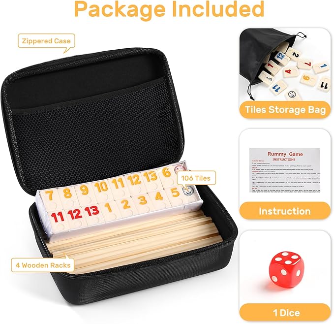 Rummy Cube Game Set with 4 Wooden Racks/Trays, 106 Large Numbers Rummy Tiles Set with Zippered Case, Rummy Travel Game Set with 4 Tiles Holders - Classic Board Games for Family Adults Kids