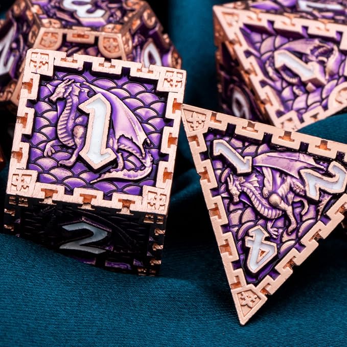 ARUOHHA DND Metal Dice Handmade Purple D and D Dice Gift Box, Dragon Design Polyhedral Role Playing Dice Set D20 D12 D10 D8 D6 D4