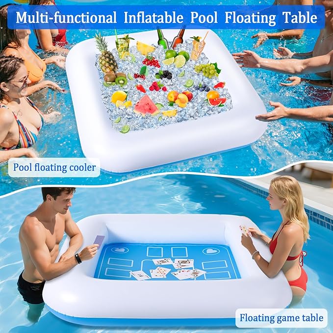 Pool Inflatable Game Table with Waterproof Playing Cards(35.5 inches×35.5 inches,Blue/White)