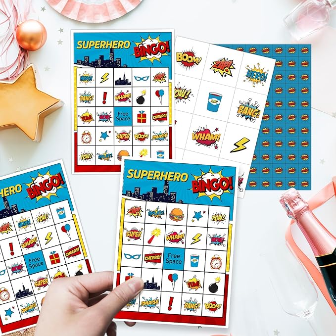Superhero Bingo Card Set - 24 Players, Activities for Family Party, 5x7 inches Bingo Game Kit, Friends Bingo Game New Year Activities Supplies, Festival Gift for Adult Teen -05