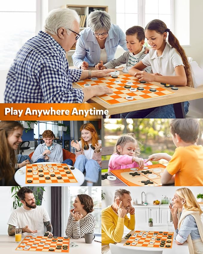 Coogam Chess and Checkers Board Game, 3-in-1 Tic Tac Toe Vintage Table Game with Mat, Lawn Party Favor Activity Indoor Outdoor Travel Toy for Family Play