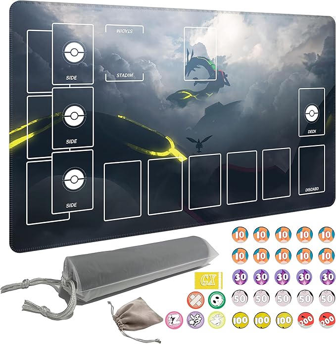 Playmat for Trading Card Game with 31 Damage Counters,Single Player Trainer Mat and Professional Storage Bag(Black Dragon)