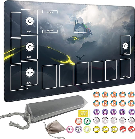 Playmat for Trading Card Game with 31 Damage Counters,Single Player Trainer Mat and Professional Storage Bag(Black Dragon)