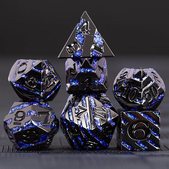 Metallic Glitter Stripes D&D Dice Set,7 PCS Polyhedral Dice with Gift,RPG Metal Dice Set Dungeons and Dragons Tabletop Game (Black Nickel Sapphire Blue)