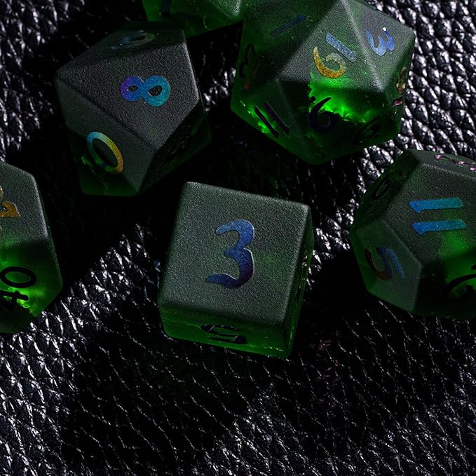 UDIXI Green Cracked Glass DND Dice Set, 7PCS Glass RPG Polyhedral Dice Set with Colorful Number for Dungeons and Dragons D&D Tabletop Game