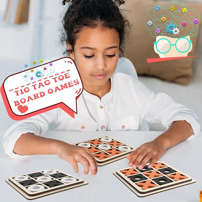 12 Sets Kids Wooden Tic Tac Toe Game XO Wood Board Game Classic Mini Tabletop Game Set for Boys Girls Educational Games Toy Goody Bag Filler Birthday Party Favor