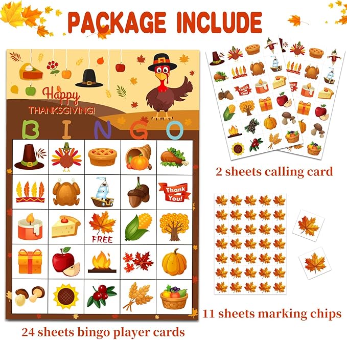 Funnlot Fall Bingo Game for Kids - Thanksgiving Party Activities for 24 Players, Family and Classrooms