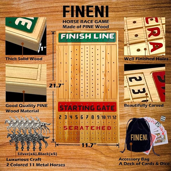 Horse Racing Game for Adults, Horse Race Board Game with 11 Luxurious Metal Horses (Silver, Black), 22” Pine Wood Horse Race Game Board, Dice & Card Included (Log Color2)