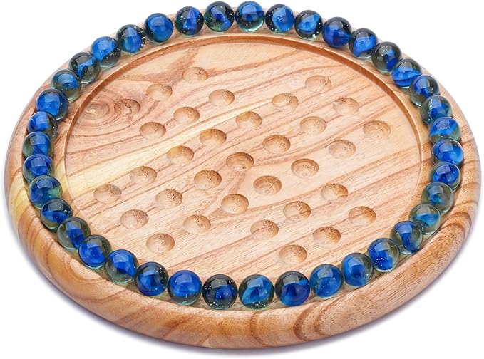 Ajuny Handcrafted Wooden Solitaire Board Game, Classic Round Design with 33 Marbles, 9x9 Inch – Strategic Mind Game for All Ages