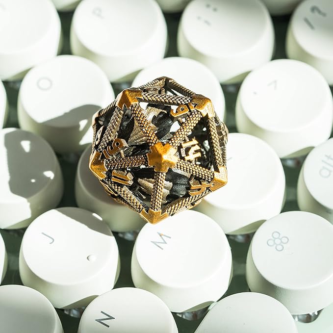 UDIXI 22mm D20 Metal Dice, Single D20 DND Dice, Hollow Dragon Design Polyhedral Dice D&D for Dungeons and Dragons, Role Playing Game (Ancient Golden)