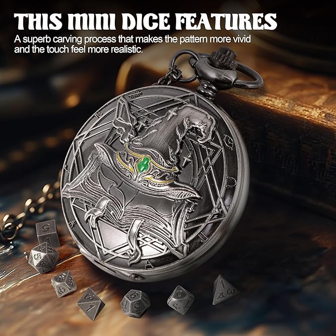 D&D Dice Set,7PCS Metal Dice for Dungeons and Dragons,Mini Dice Set with Pocket Watch Case,Role Playing Board Games Accessories (Wizard, Ancient Silver)